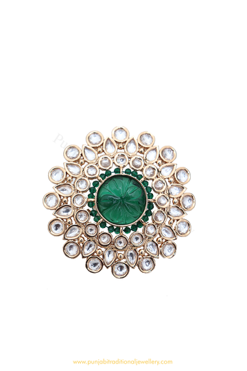 Gold Finished Emerald Kundan Ring By PTJ